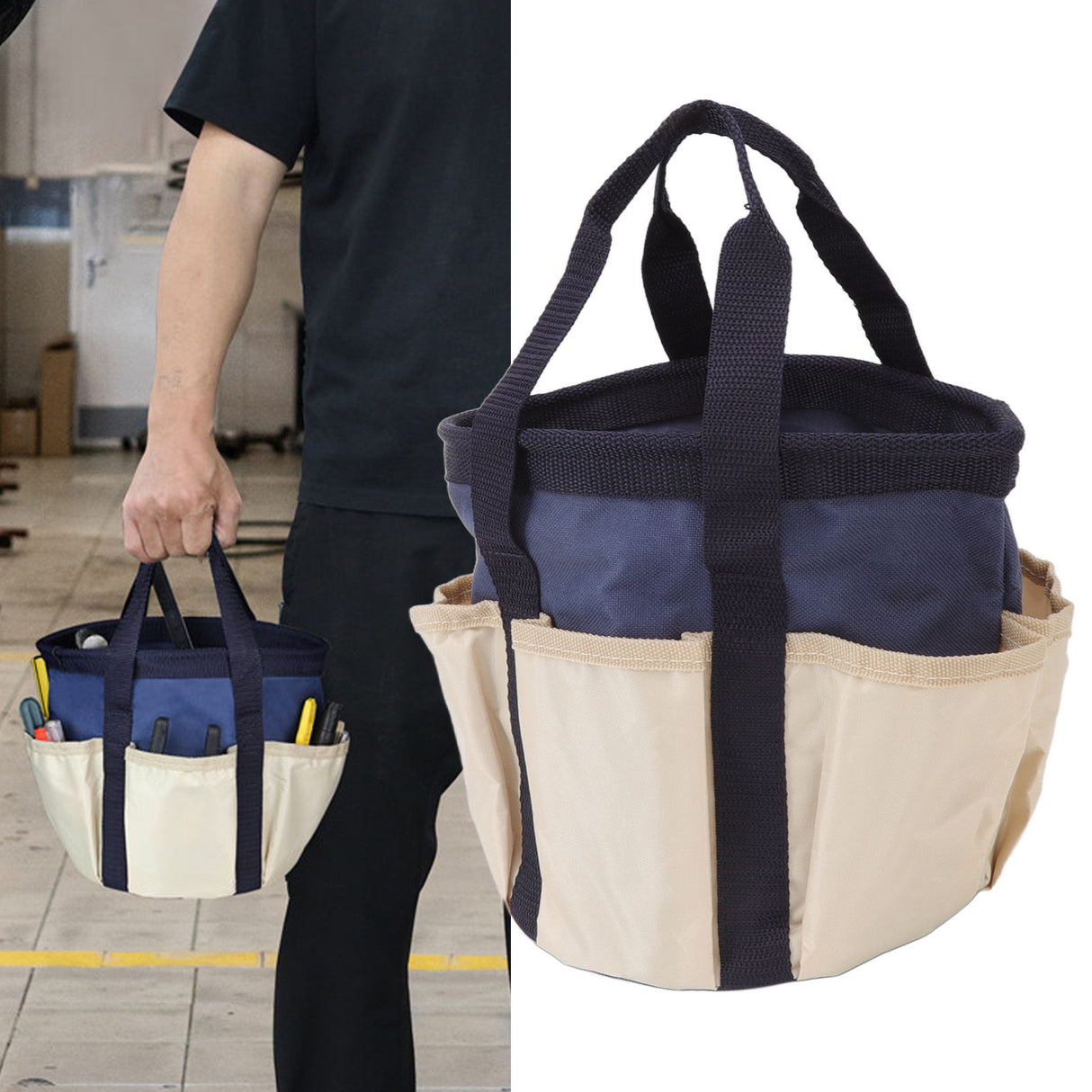 Round Garden Tools Bag 6 Pockets Oxford Cloth Gardening Tool Storage Tote for Men Women Gardener Dark Blue with Cream Color