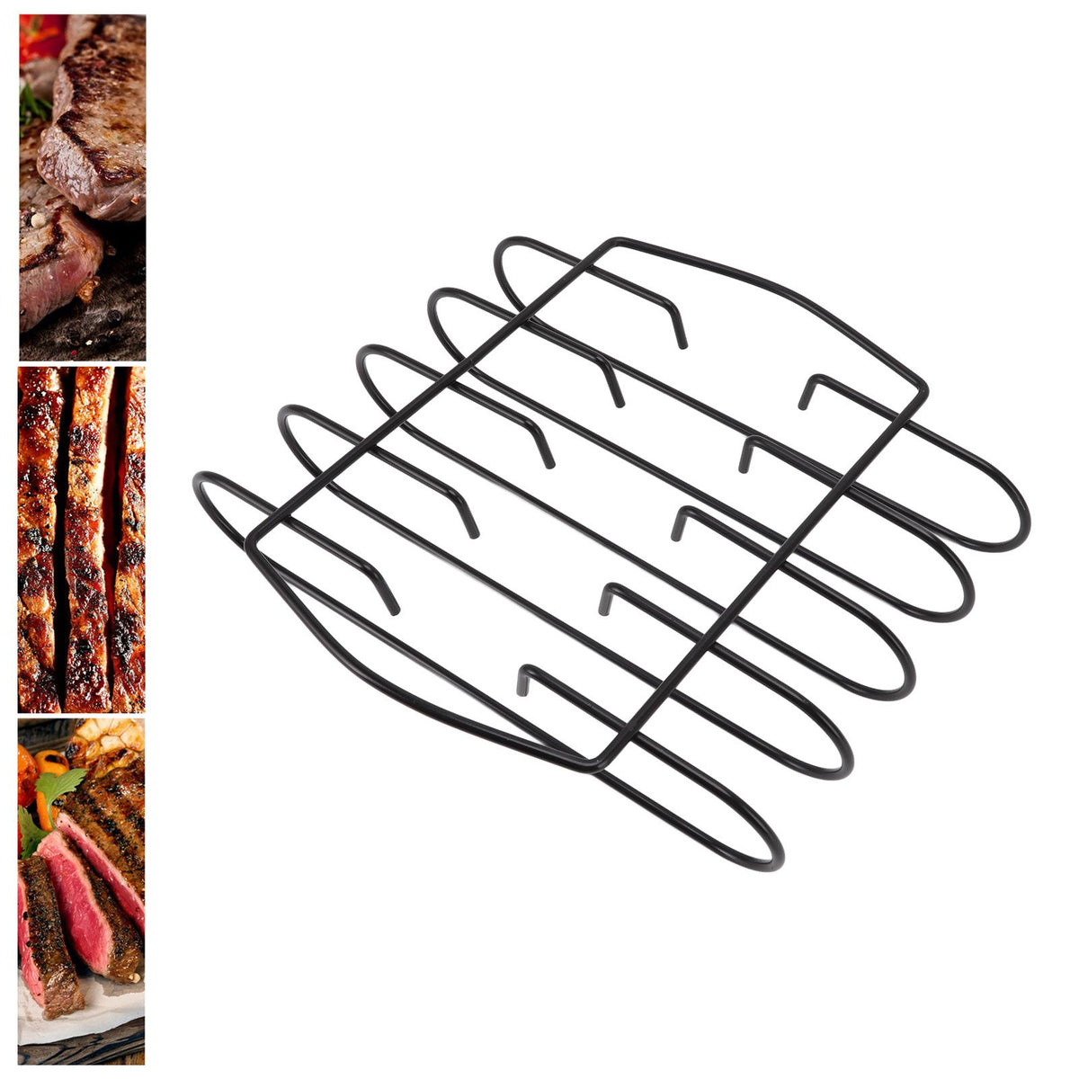 BBQ Rib Rack Iron Non Stick Grilling Rib Stand Black Barbecue Grill for Steak Lamb Chops Outdoor