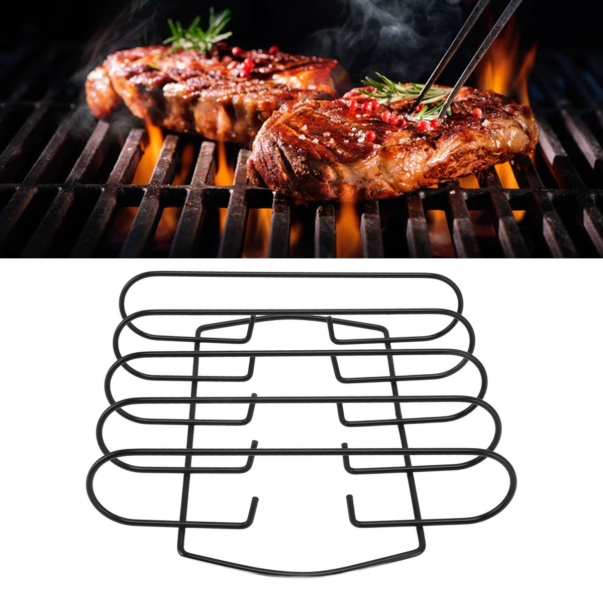 BBQ Rib Rack Iron Non Stick Grilling Rib Stand Black Barbecue Grill for Steak Lamb Chops Outdoor