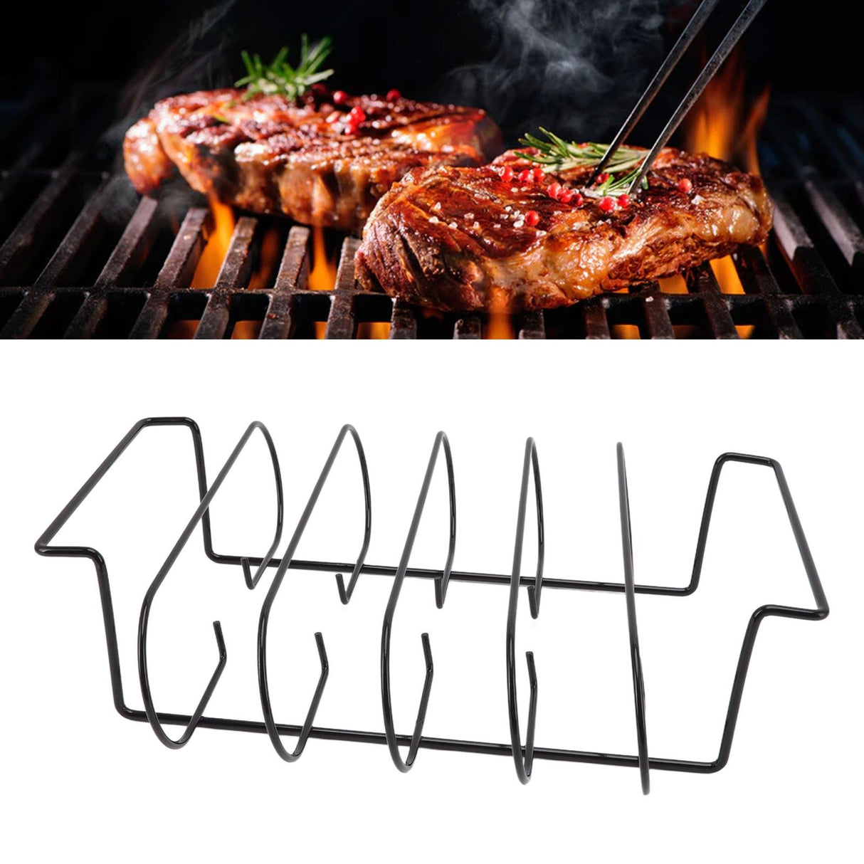 Rib Rack Iron Roasting Stand for Smoking and Grilling Holds Up to 4 Ribs for Outdoor BBQ Accessories