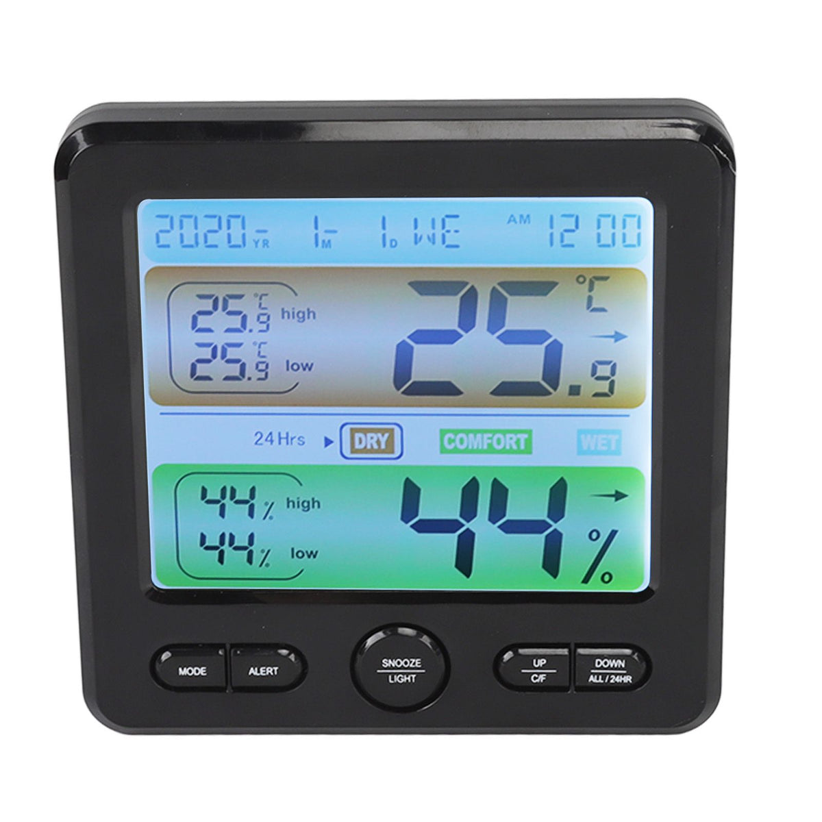Indoor Thermometer Digital Color Screen Alarm Temperature Humidity Monitor Bedside Clock for Home Black