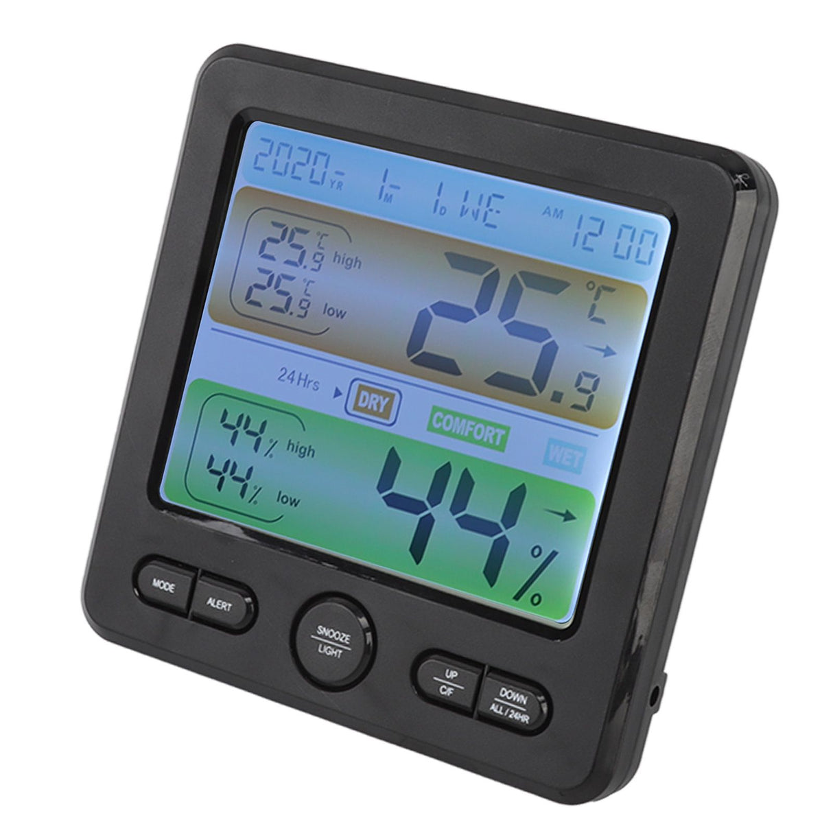 Indoor Thermometer Digital Color Screen Alarm Temperature Humidity Monitor Bedside Clock for Home Black