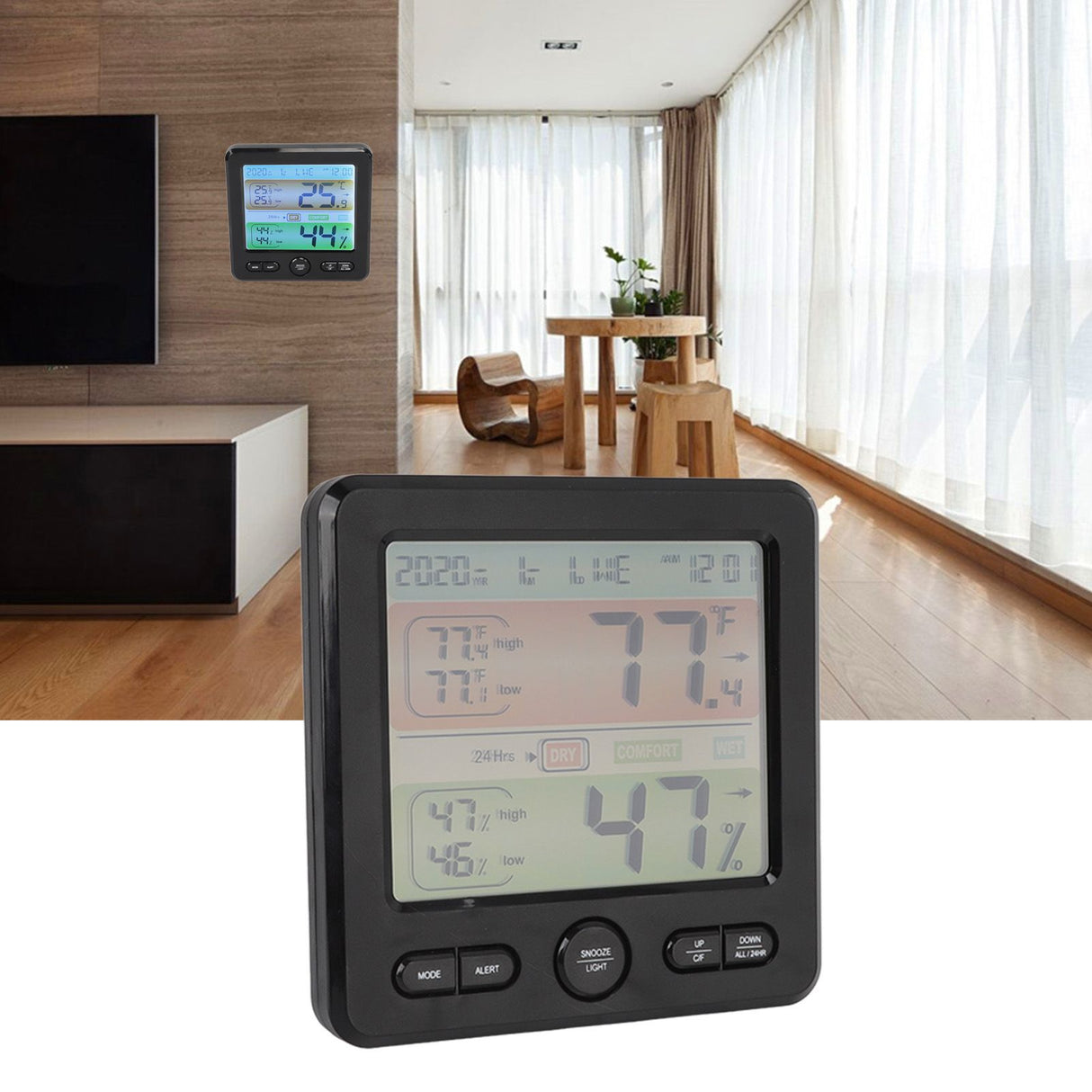 Indoor Thermometer Digital Color Screen Alarm Temperature Humidity Monitor Bedside Clock for Home Black