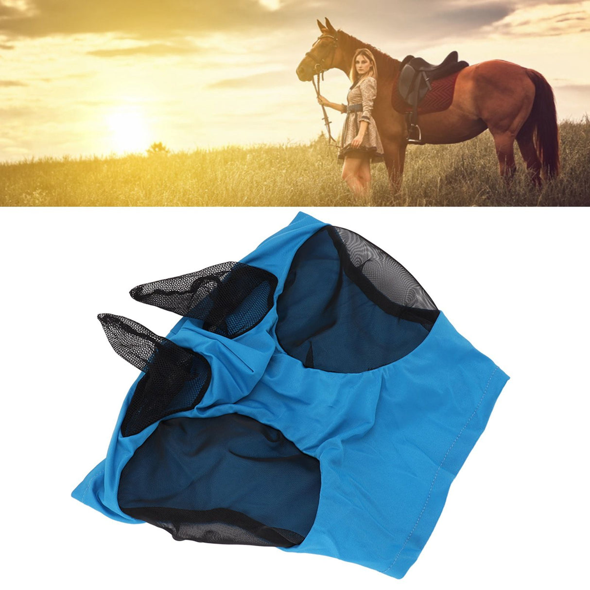 Horse Mesh Fly Mask Breathable Elastic Horse Face Mask with Ears Protection Riding Equestrian Equipment Blue