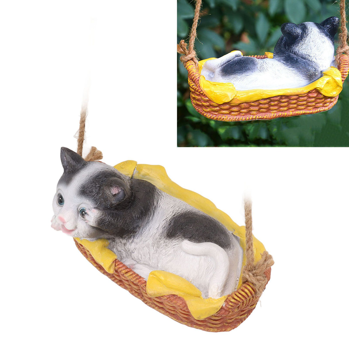 Cat Figurine Resin Kitten Statue Hanging Ornament Home Decoration for Outdoor Garden Black White Cat