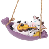 Cow Playing Guitar Garden Statue Vivid Cute Hanging Resin Cattle Sculpture Art Decoration for Lawn Patio Courtyard Dairy Cow