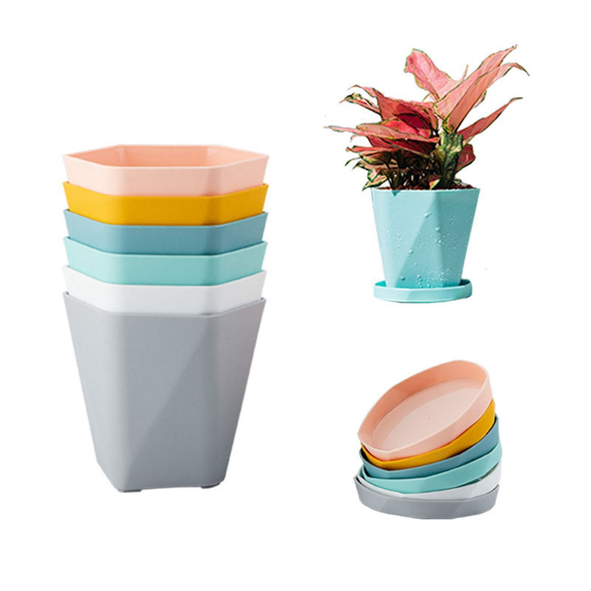 6PCS Planter Plastic Plant Pot Flower Container with Thickened Tray for Indoor Outdoor Garden