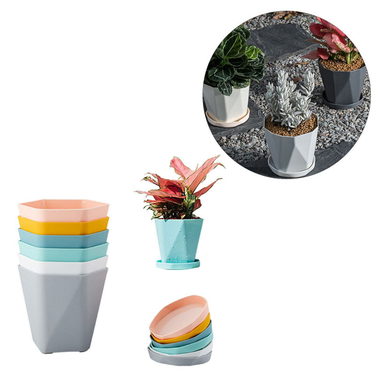6PCS Planter Plastic Plant Pot Flower Container with Thickened Tray for Indoor Outdoor Garden