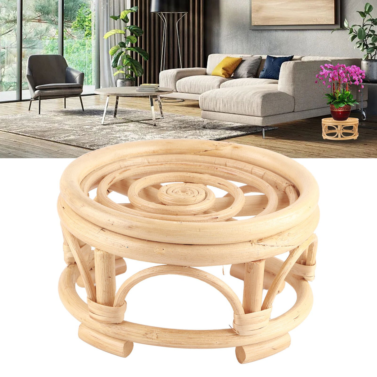Rattan Indoor Plant Stand Round Shape Natural Plant Rack Handmade Rattan Planter Stand for Home Garden Yard Small