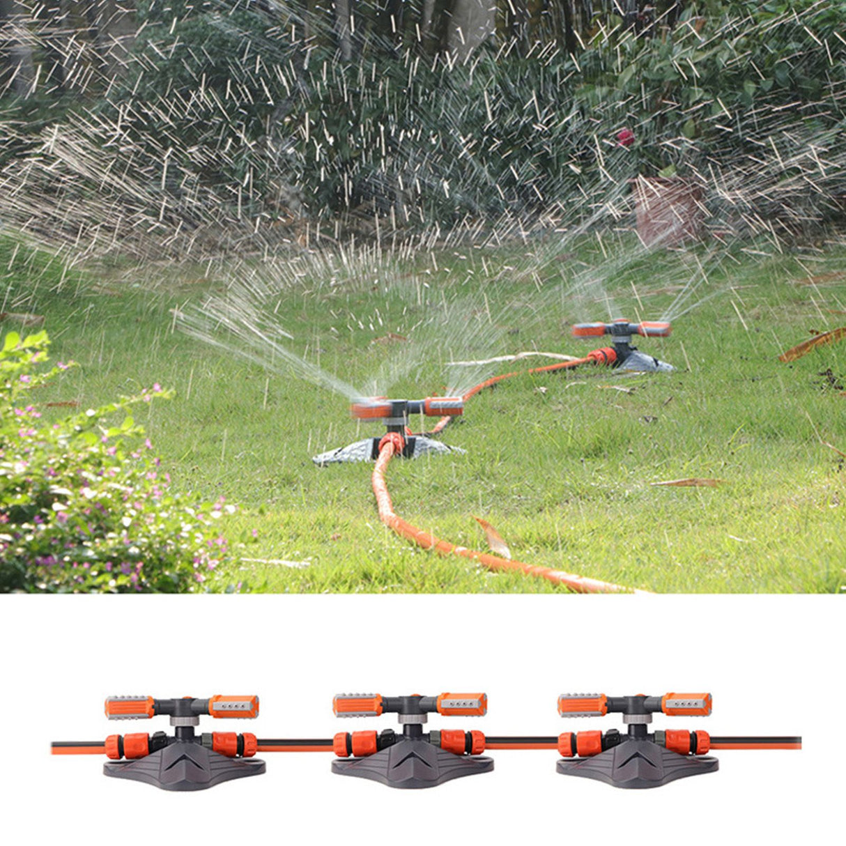 Lawn Sprinkler 3 Arm Nozzles 360° Auto Rotating Irrigation Water Sprinkler for Yard Garden Orange