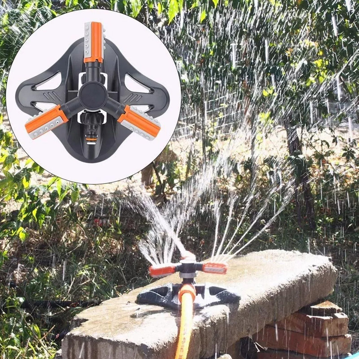 Lawn Sprinkler 3 Arm Nozzles 360° Auto Rotating Irrigation Water Sprinkler for Yard Garden Orange