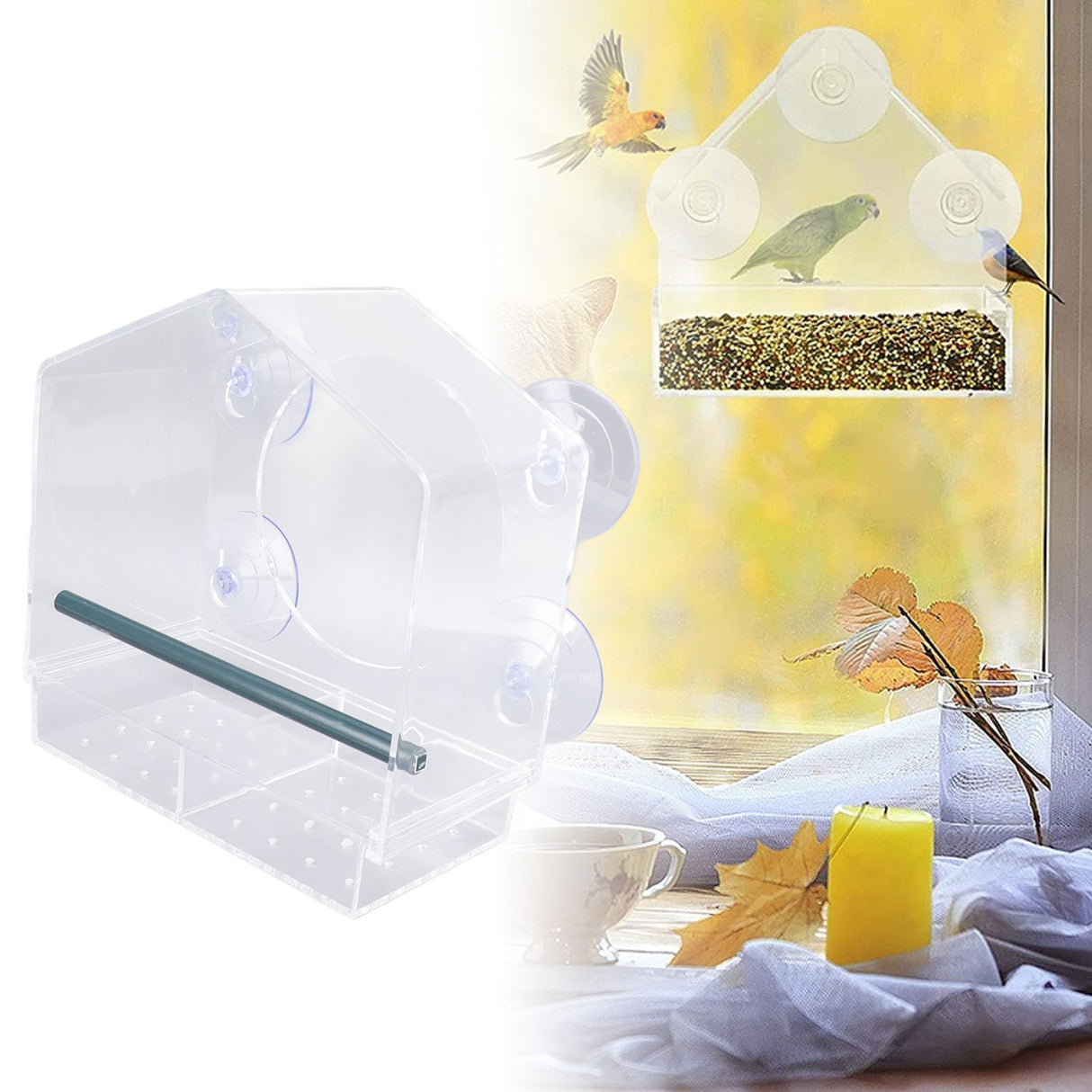 Window Bird Feeder Clear Sturdy Acrylic Window Bird House Feeder with 4 Suction Cups