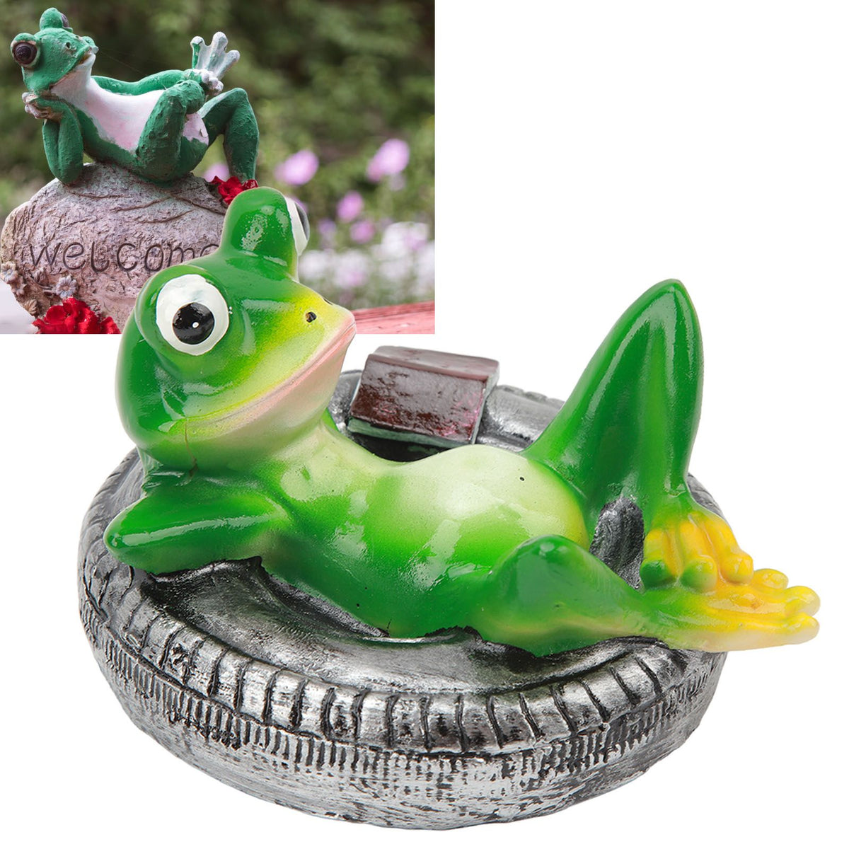 Frog Pond Ornaments Resin Colorfast Easy Float Water Floating Frog Garden Statue for Home Garden Yard Frog Lying On Tire