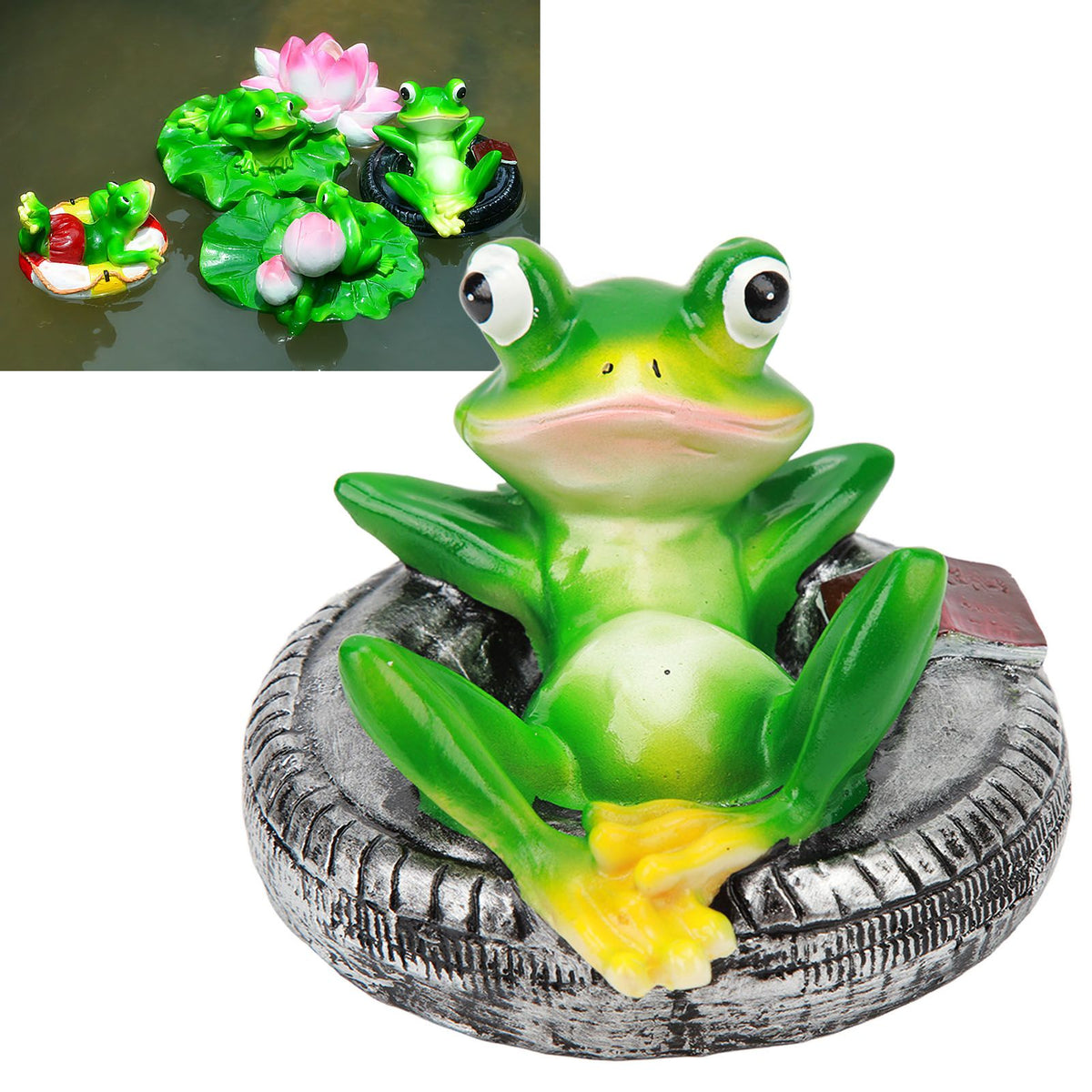 Frog Pond Ornaments Resin Colorfast Easy Float Water Floating Frog Garden Statue for Home Garden Yard Frog Lying On Tire