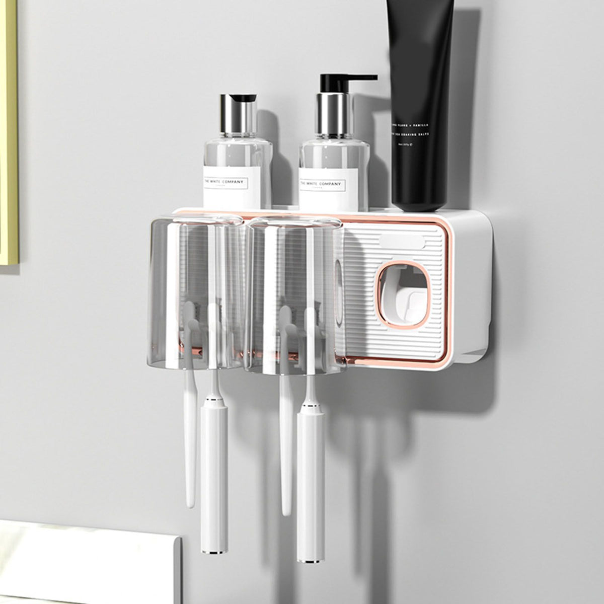 Toothbrush Shelf Drilling Free Toothbrush Holder Rack with Automatic Toothpaste Dispenser White