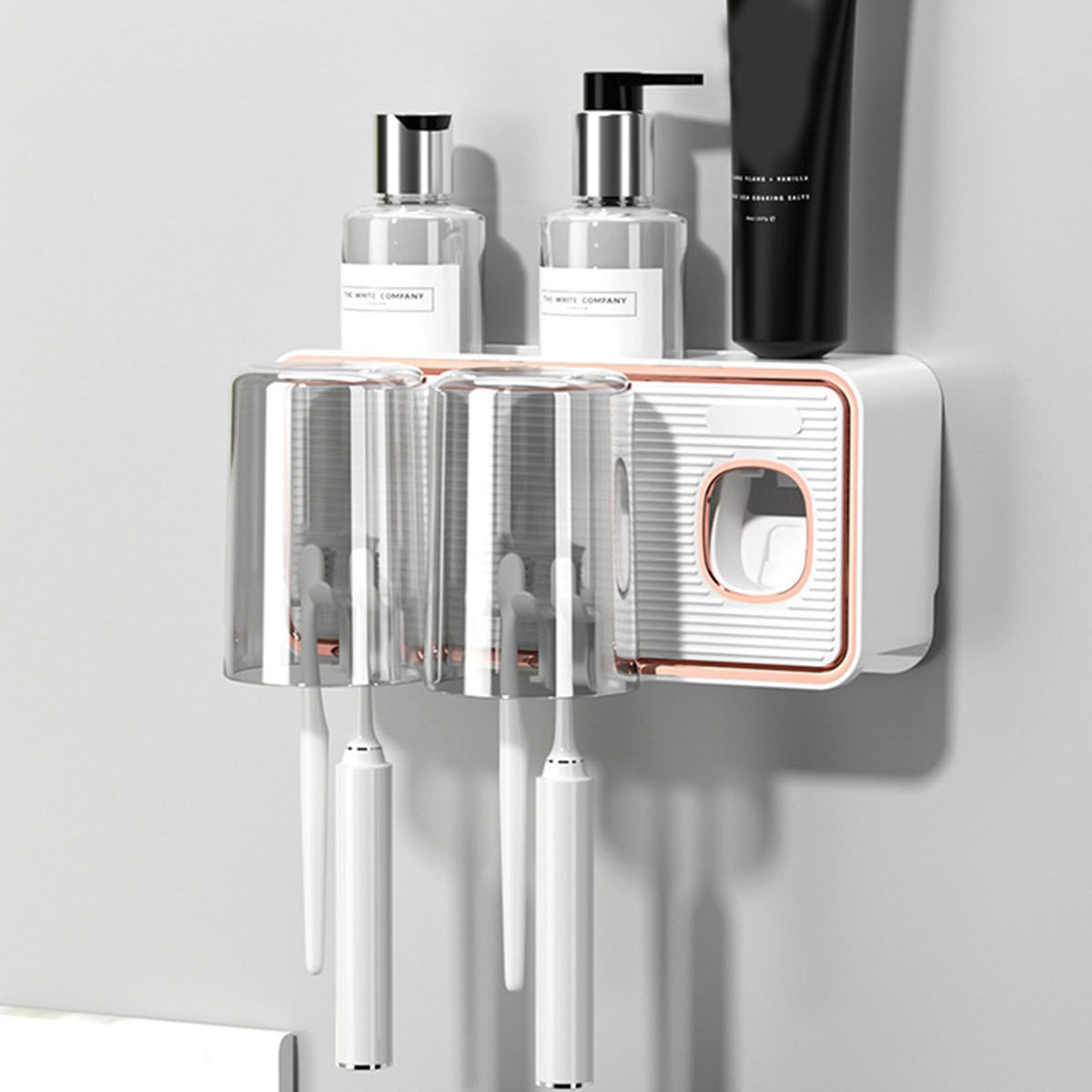 Toothbrush Shelf Drilling Free Toothbrush Holder Rack with Automatic Toothpaste Dispenser White
