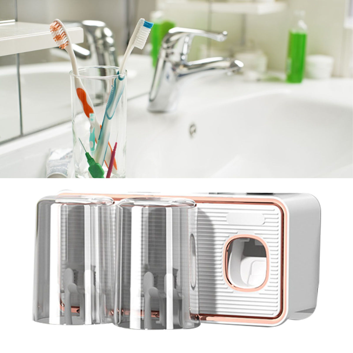 Toothbrush Shelf Drilling Free Toothbrush Holder Rack with Automatic Toothpaste Dispenser White