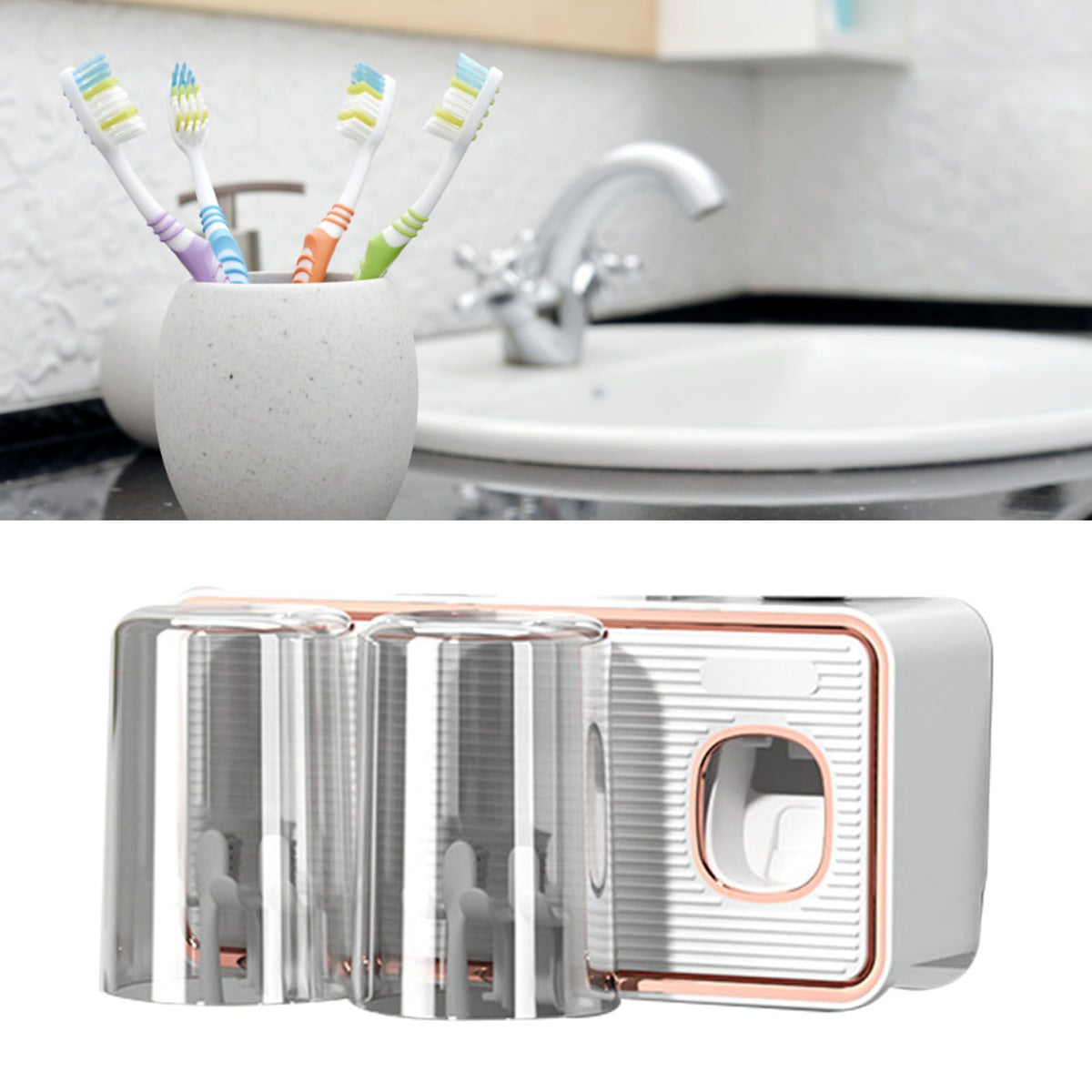 Toothbrush Shelf Drilling Free Toothbrush Holder Rack with Automatic Toothpaste Dispenser White