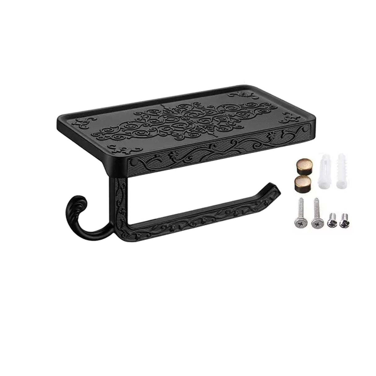 Black Paper Roll Rack with Phone Storage Shelf Aluminum Vintage Toilet Paper Towel Holder for Bathroom Black