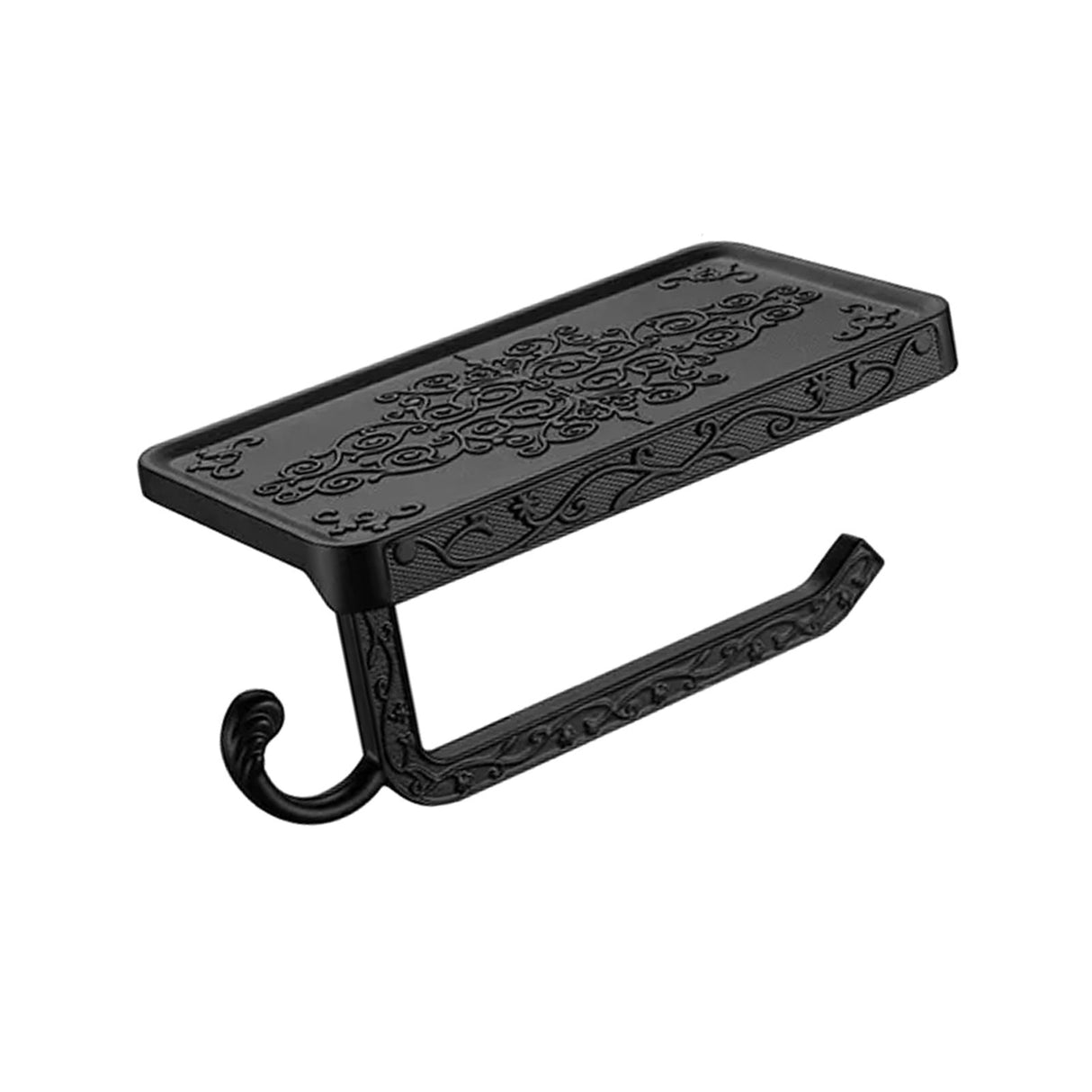 Black Paper Roll Rack with Phone Storage Shelf Aluminum Vintage Toilet Paper Towel Holder for Bathroom Black