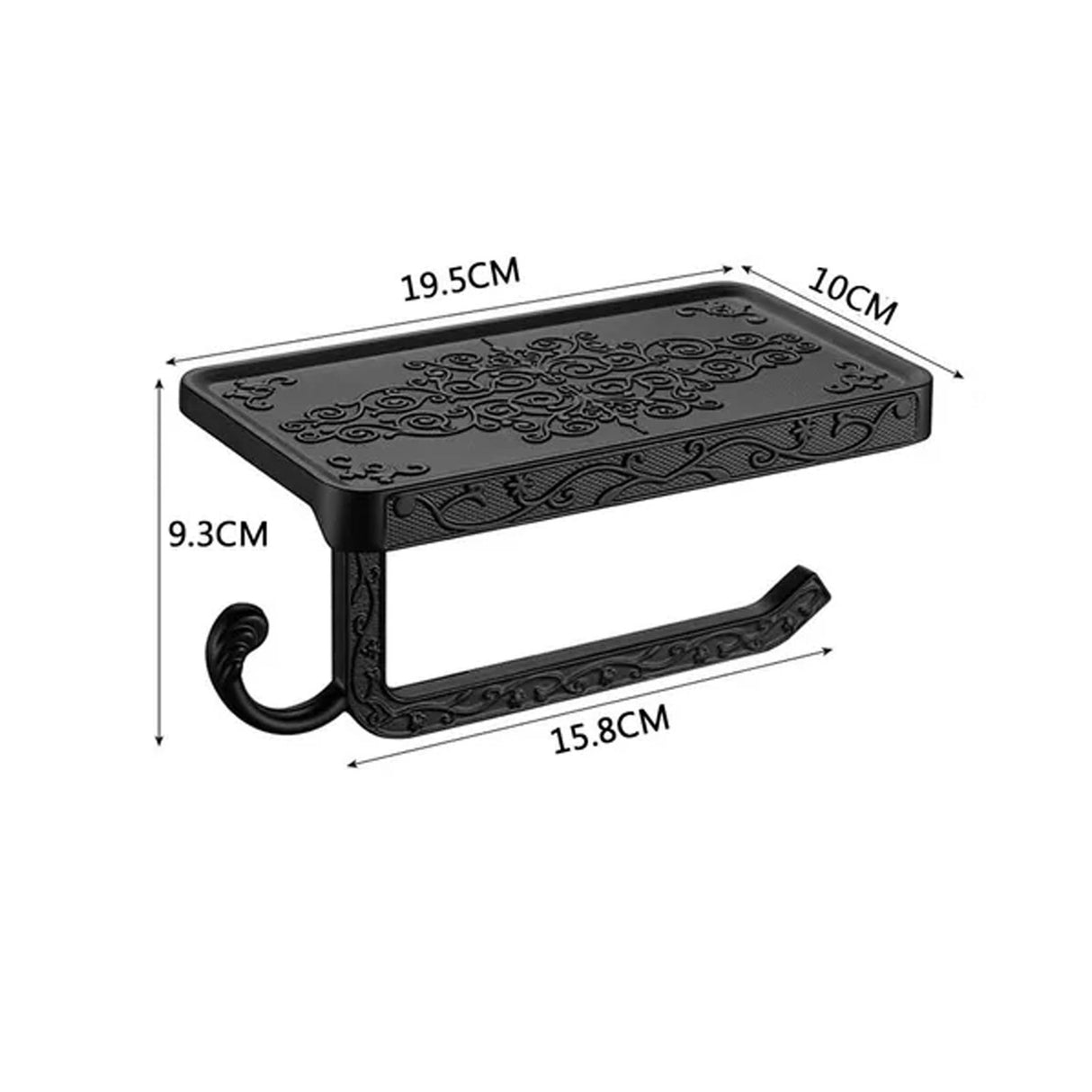 Black Paper Roll Rack with Phone Storage Shelf Aluminum Vintage Toilet Paper Towel Holder for Bathroom Black