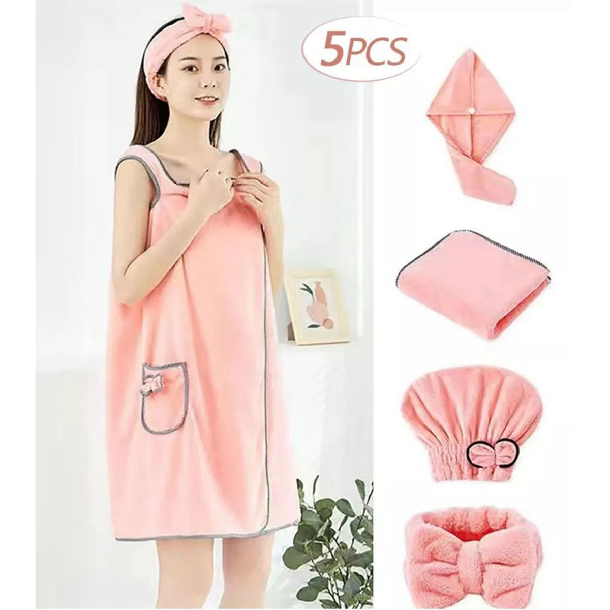 5Pcs Bath Towel Wrap Set Hair Drying Cap Headband Princess Hat Strong Water Absorption Wearable Bath Dress