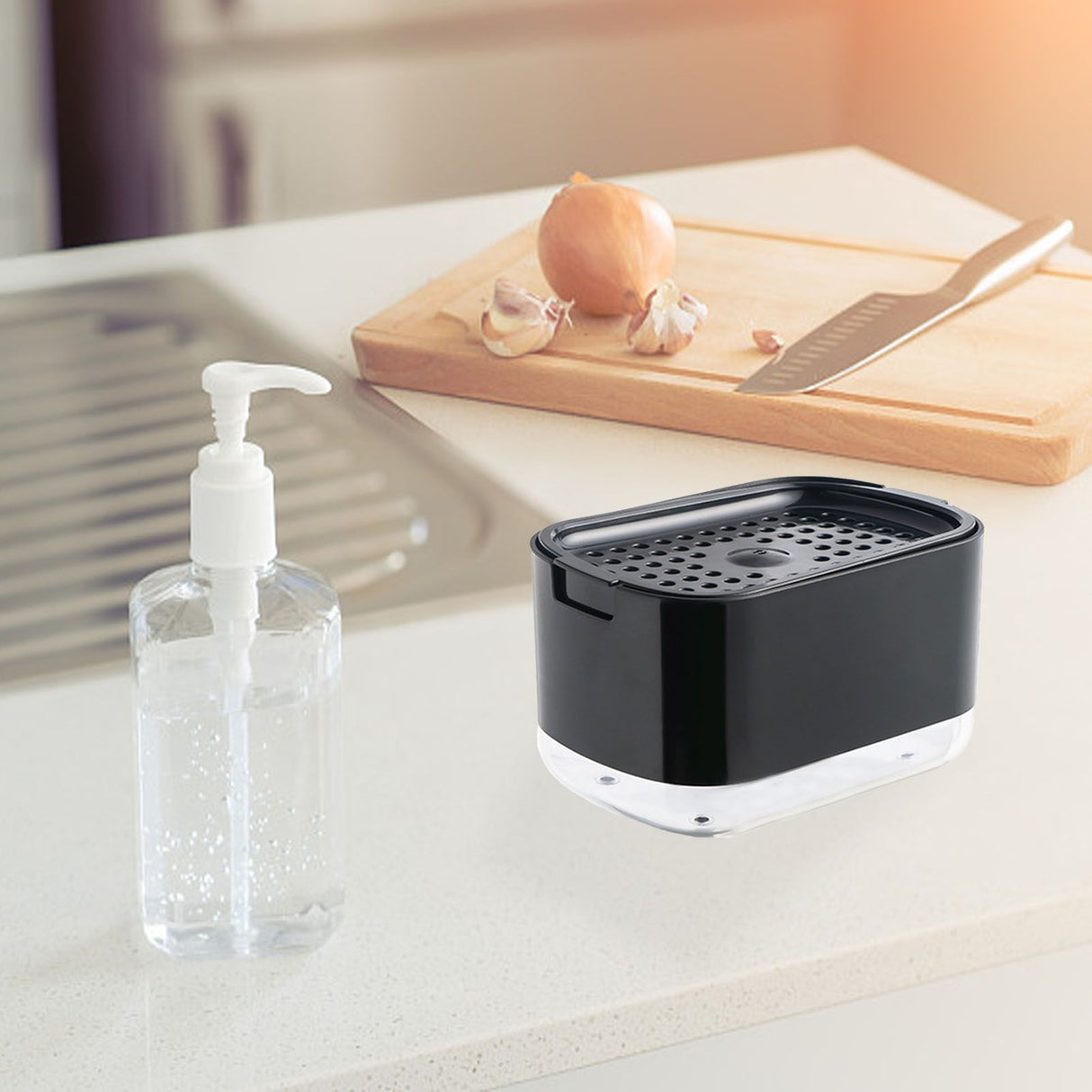Soap Dispenser with Sponge Holder PP PET Press Type Soap Box for Cloth Dish Kitchen Cleaning Black