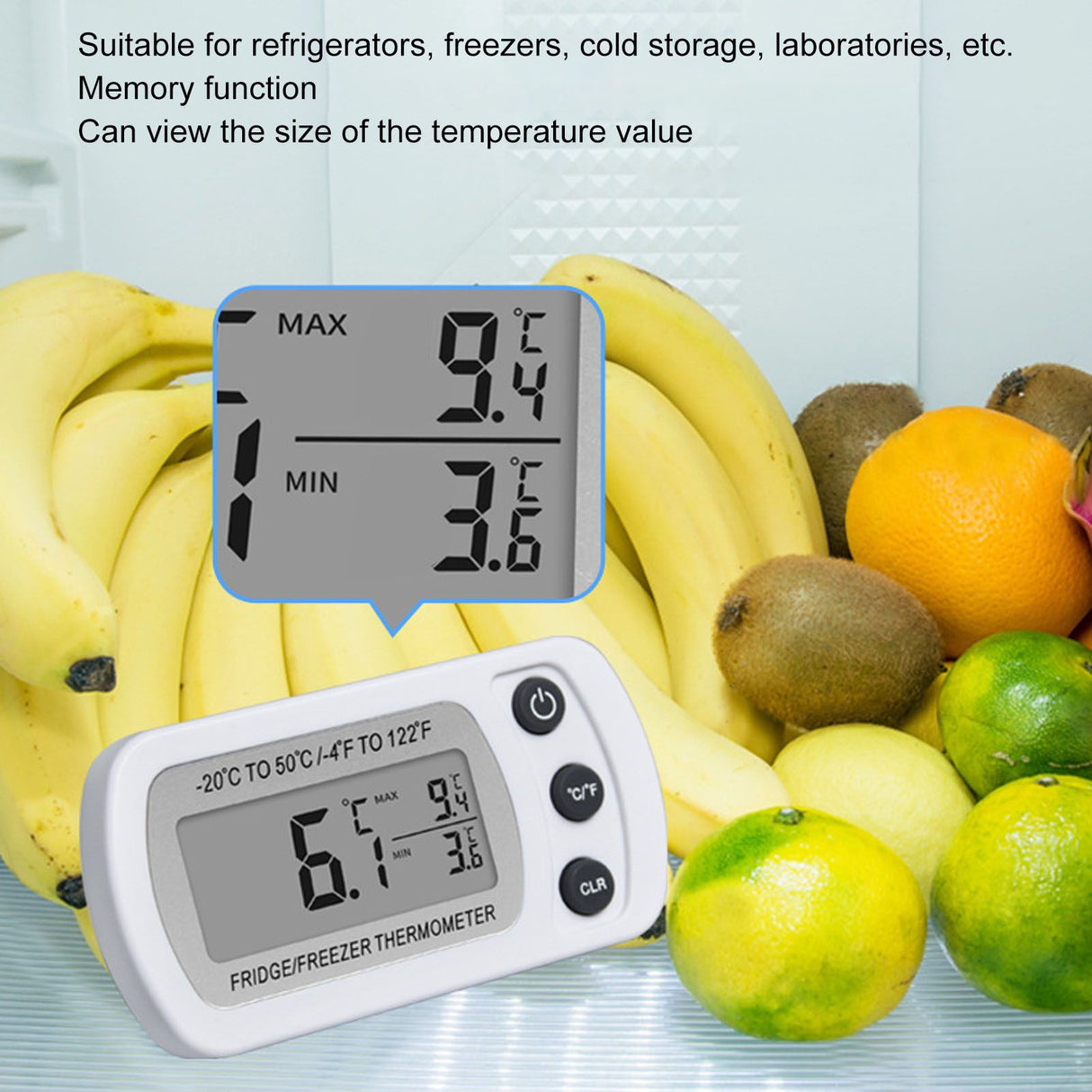 Refrigerator Thermometer Memory Function ABS Body White °C °F Switched Small Compact Digital Freezer Thermometer with Hook