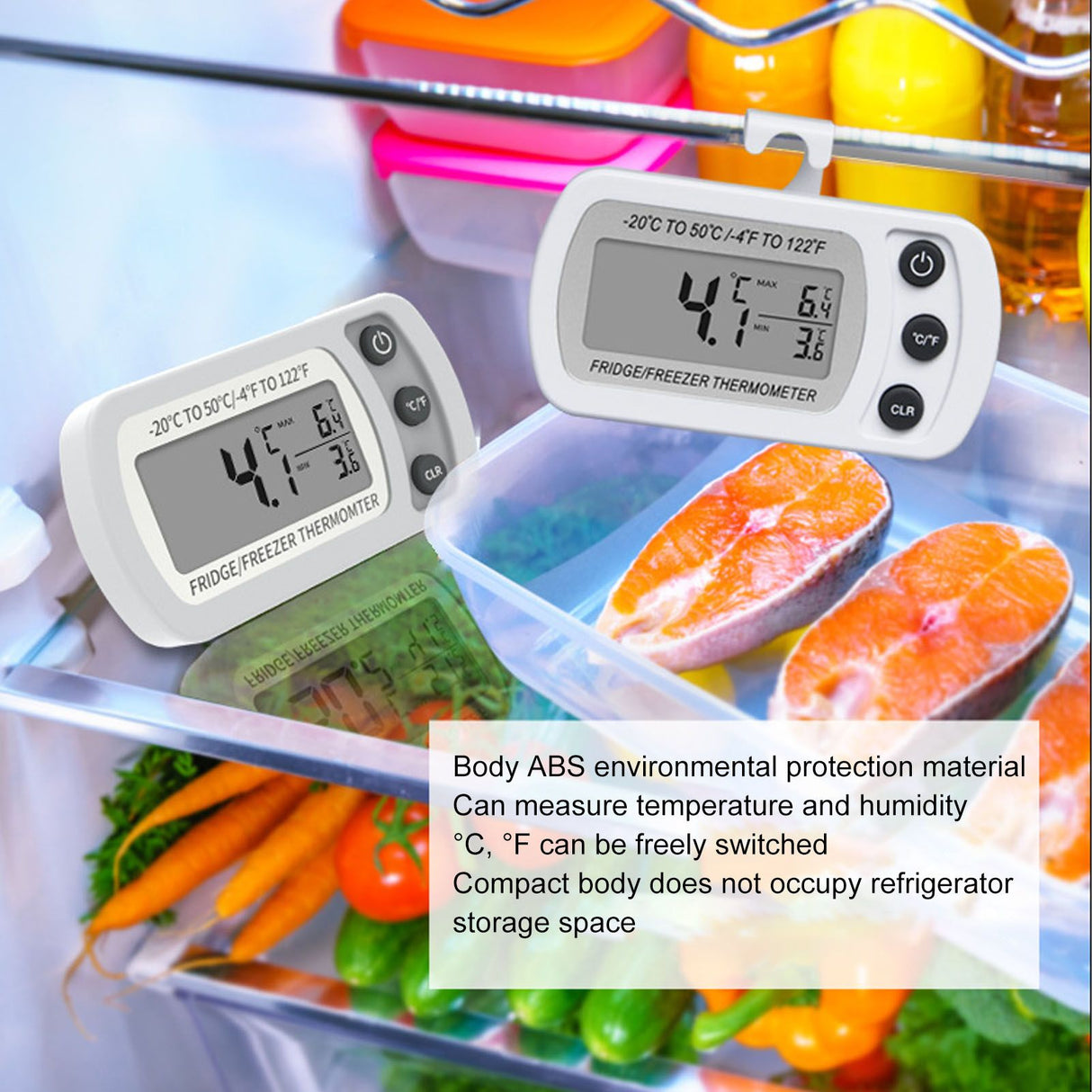 Refrigerator Thermometer Memory Function ABS Body White °C °F Switched Small Compact Digital Freezer Thermometer with Hook