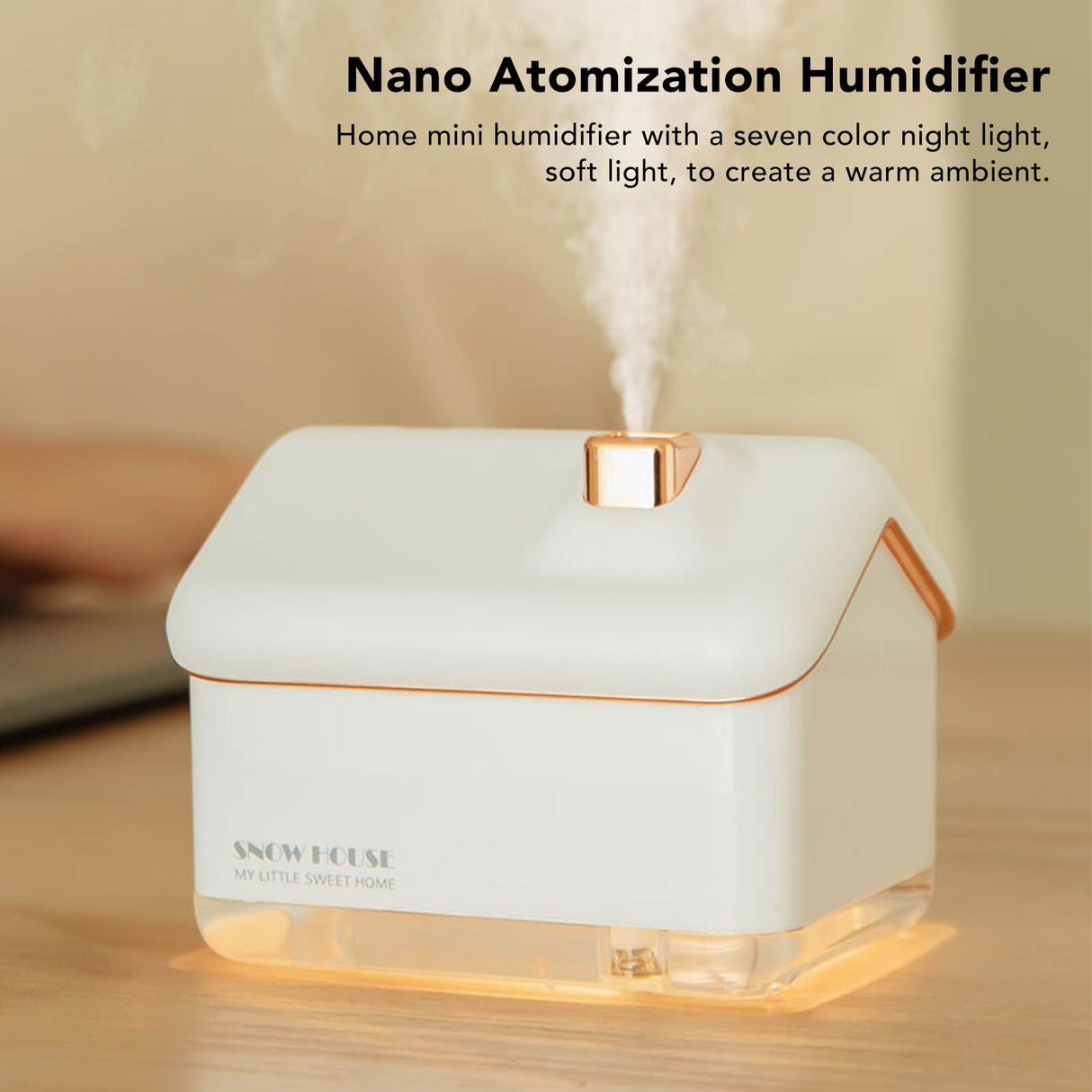 Snow House Mini Humidifier USB Nano Atomization Humidifier with Night Light for Living Room Bedroom Plug In White