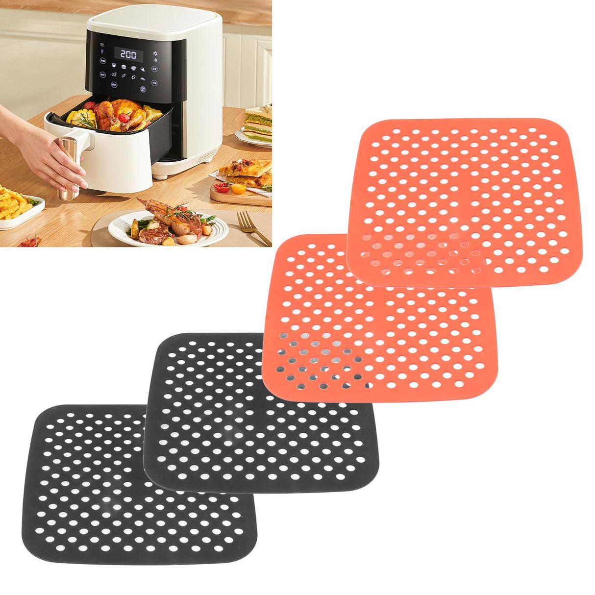 Reusable Air Fryer Mats Stick Proof Dishwasher Safe Oil Resistant Silicone Air Fryer Liner for Oven Red Black 4pcs 21cm/8.3in