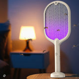 Electric Fly Swatter USB Charging 2 in 1 Fly Killer Racket with 3 Layer Mesh for Home Use White