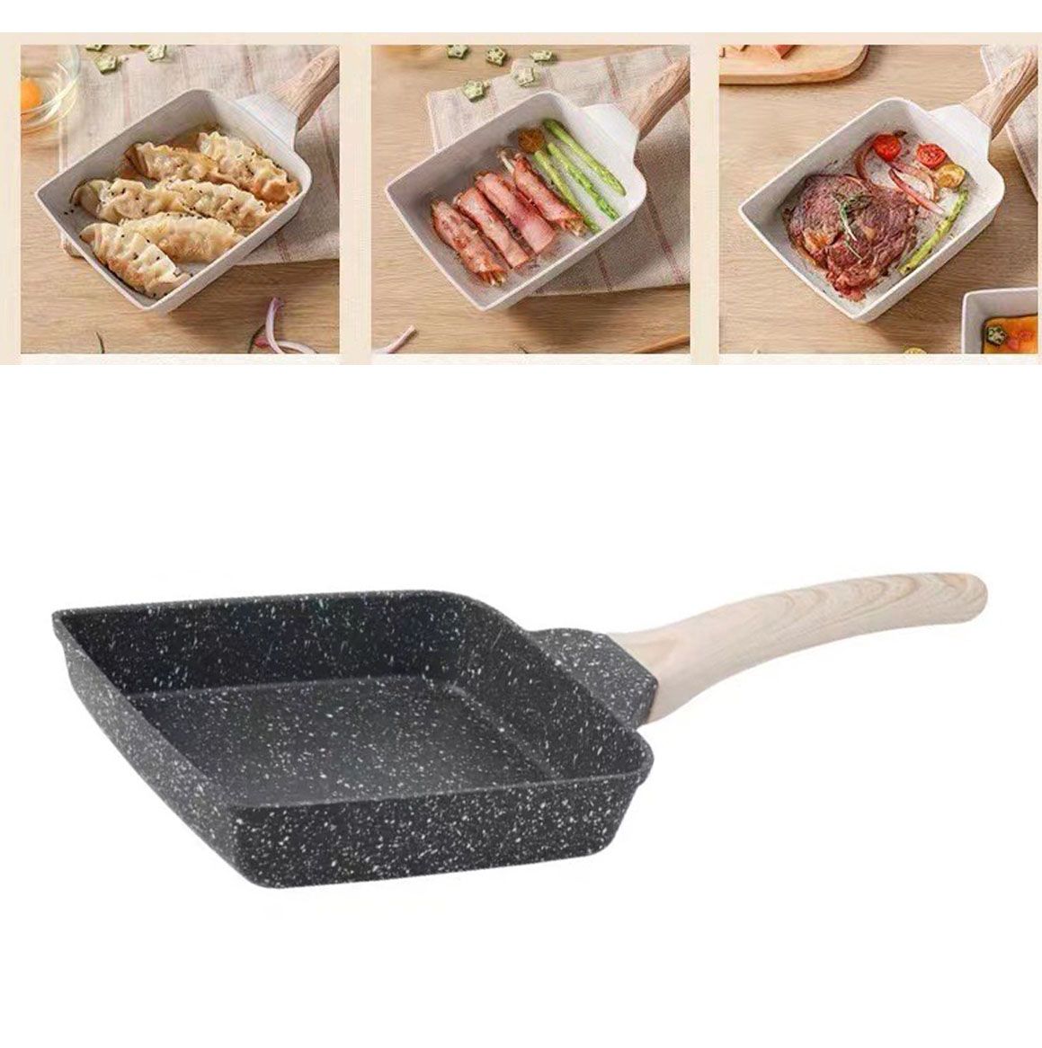 Frying Pan Aluminium Fast Conduction 3 Layers Thickened Wooden Handle Cooking Skillet for Family Kitchen