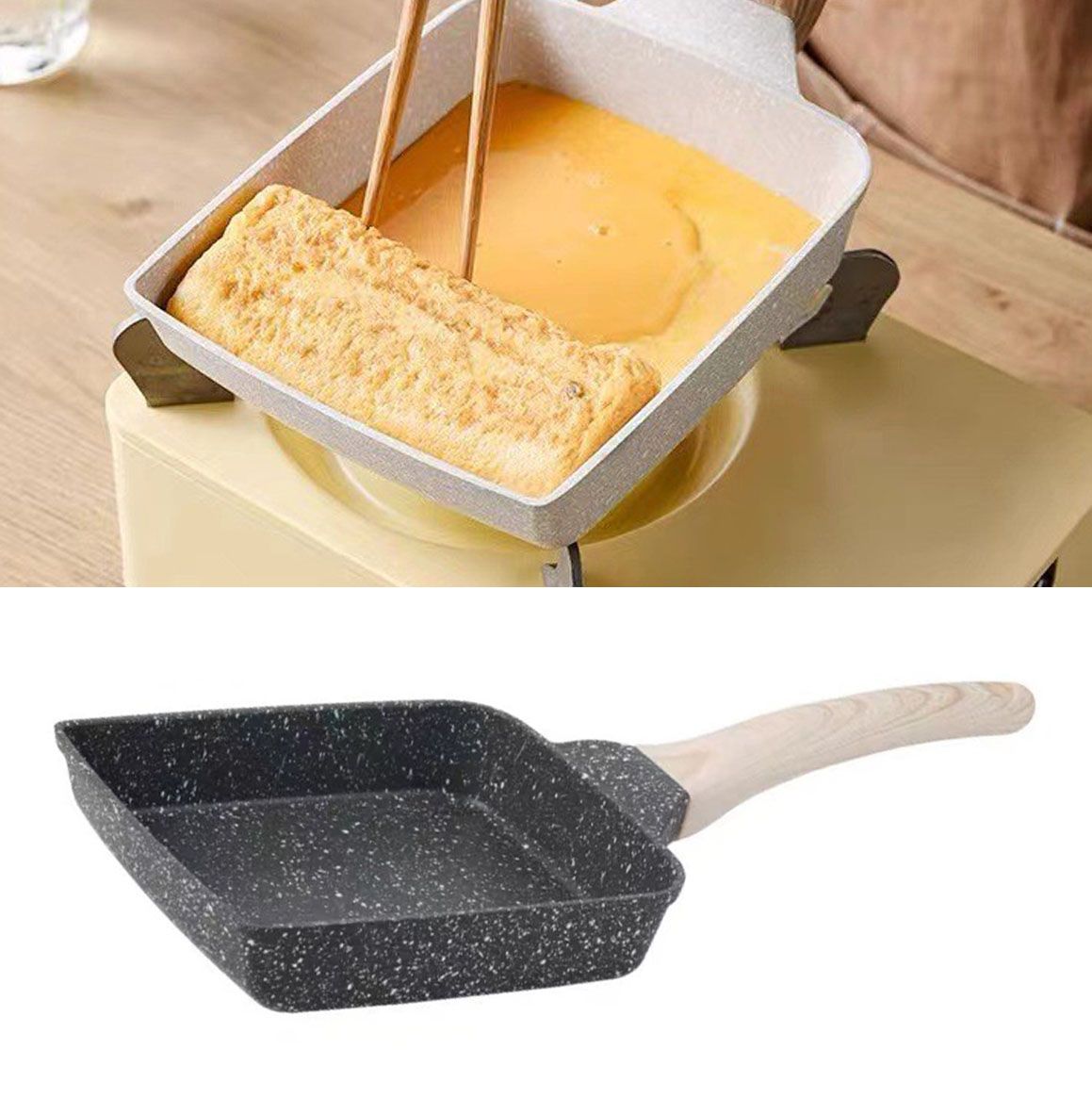 Frying Pan Aluminium Fast Conduction 3 Layers Thickened Wooden Handle Cooking Skillet for Family Kitchen