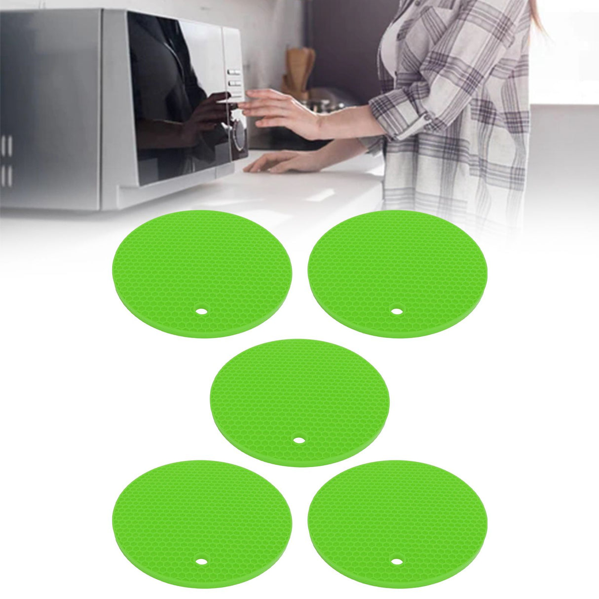 5PCS Silicone Trivet Mats Round Multipurpose Heat Resistant Non Slip Pads Pot Holders for Hot Pot Hot Dishes Green