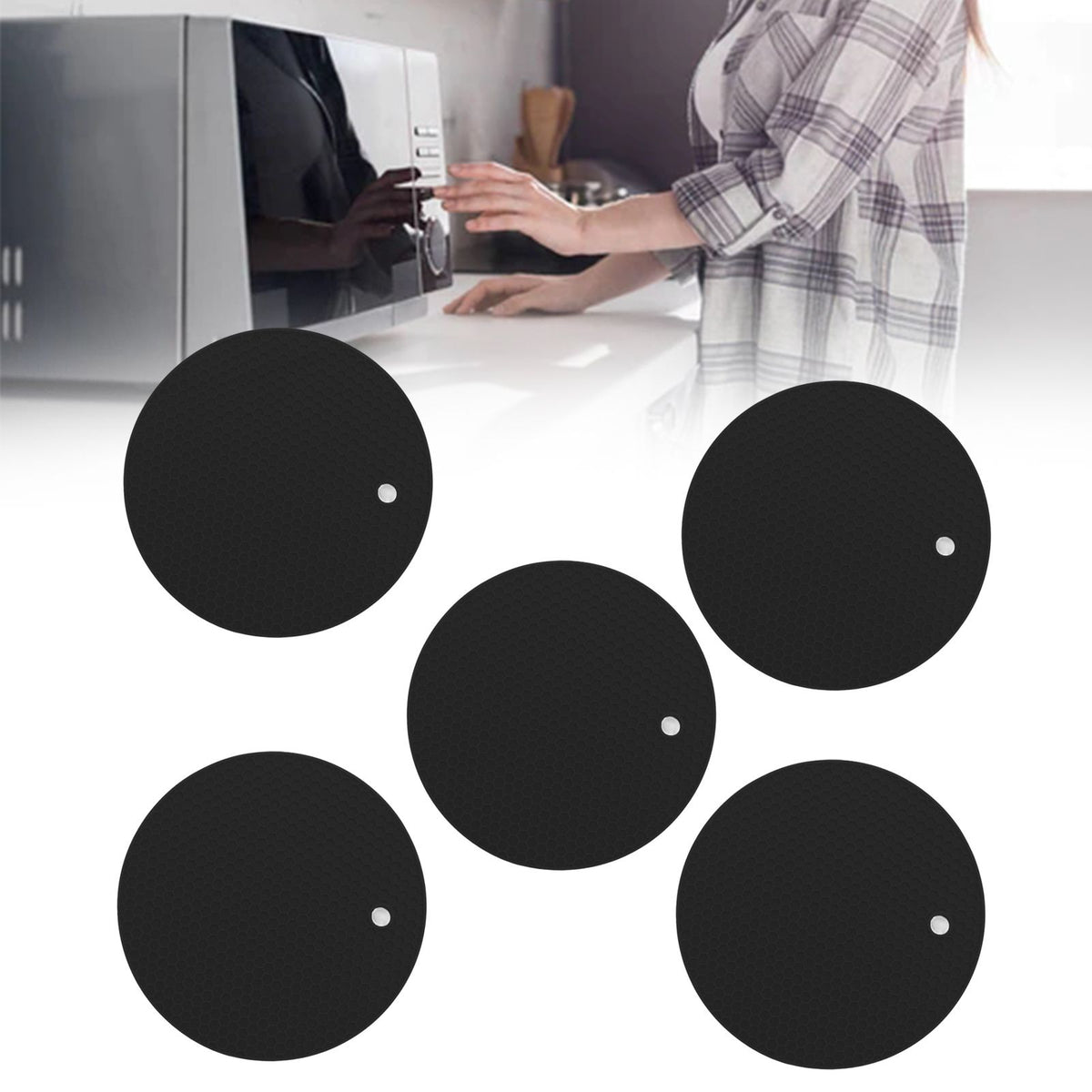 5PCS Silicone Trivet Mats Round Multipurpose Heat Resistant Non Slip Pads Pot Holders for Hot Pot Hot Dishes Black