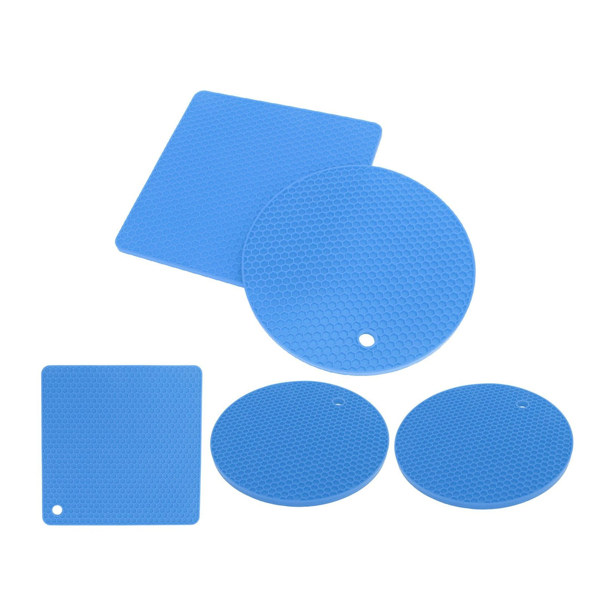 5Pcs Silicone Trivet Mat Square Round Honeycomb Hot Pad Non Slip Heat Resistant for Hot Plate Pans Kitchen Pots Blue