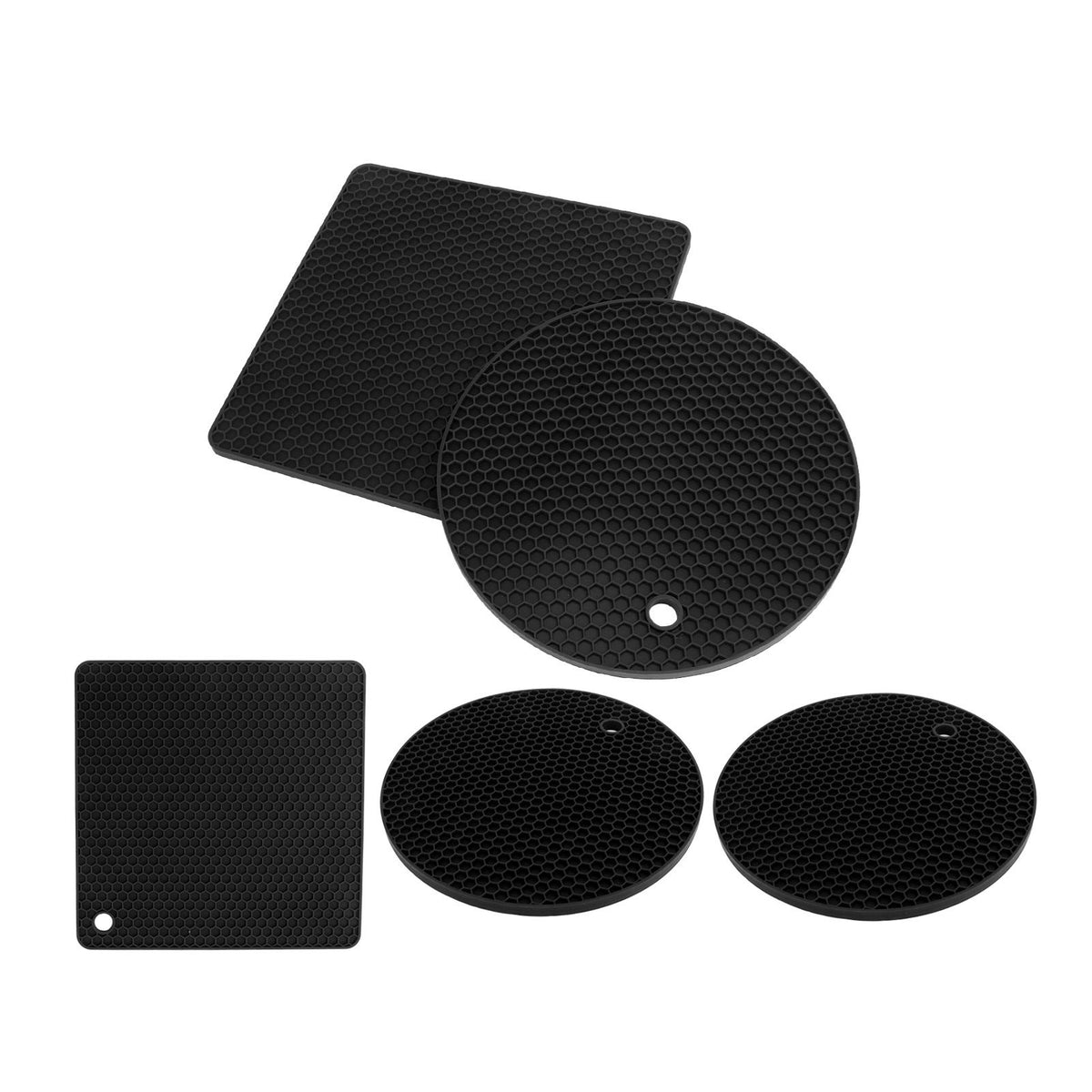 5Pcs Silicone Trivet Mat Square Round Honeycomb Hot Pad Non Slip Heat Resistant for Hot Plate Pans Kitchen Pots Black