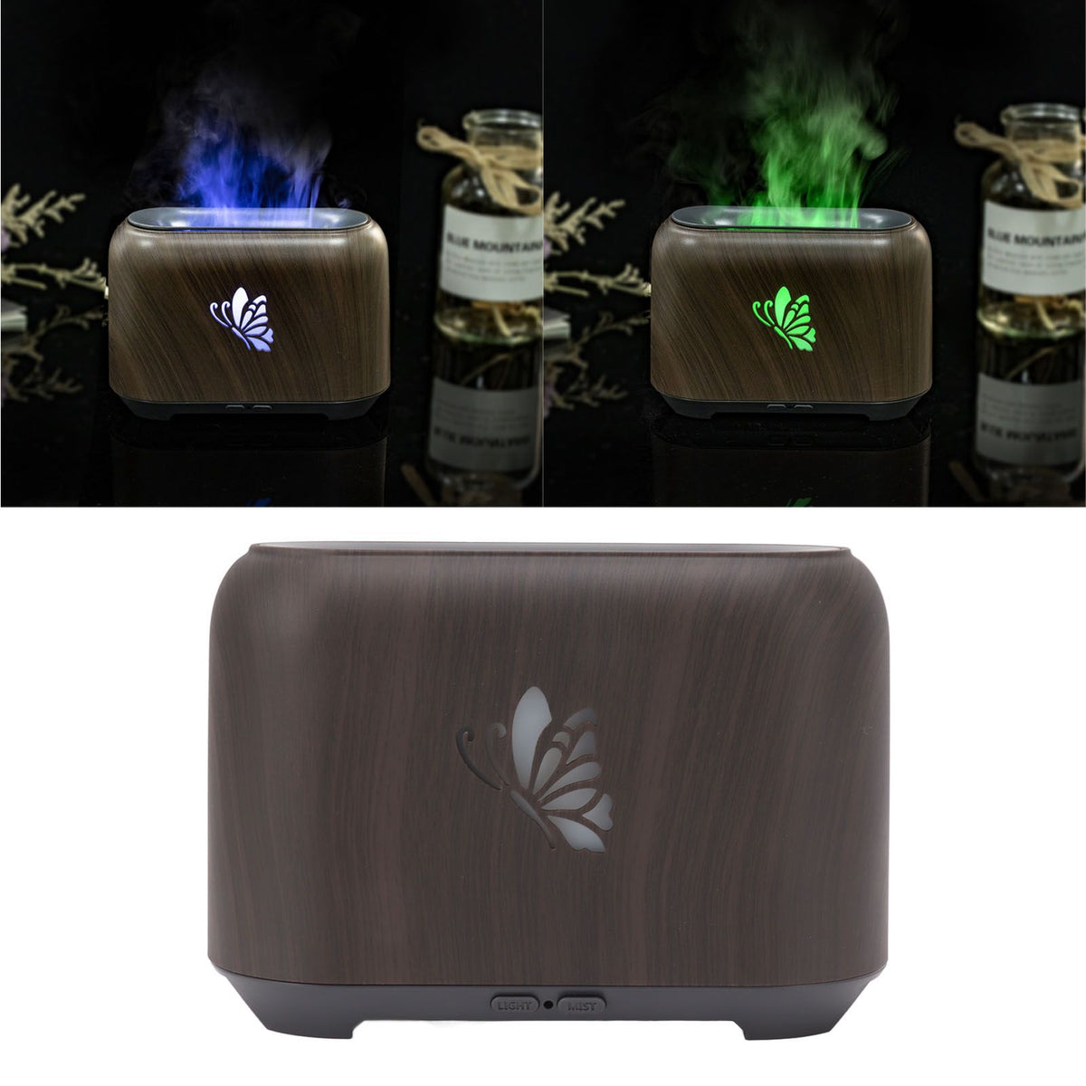 150ml Flame Diffuser Humidifier Prevents Dryness Silent Operation Wood Grain Humidifier with 7 Color Lights for Bedroom Office Deep Grain