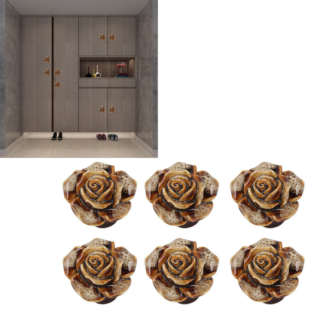 6Pcs Cabinet Knob Rose Flower Shape Delicate Ceramic Knob for Dresser Drawer Leopard White