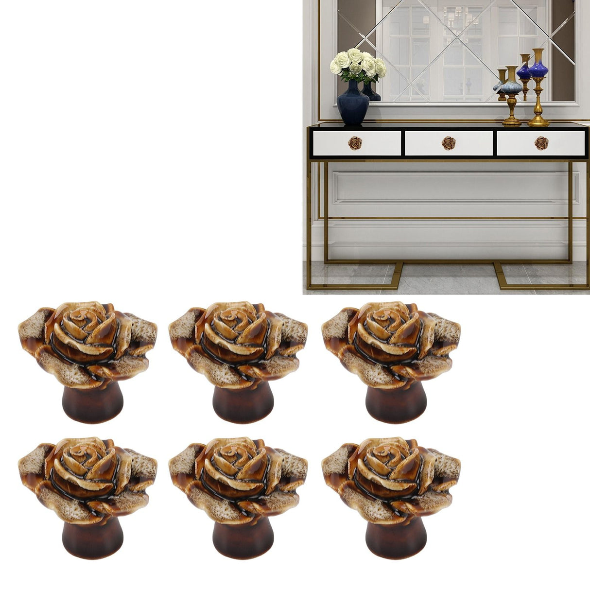 6Pcs Cabinet Knob Rose Flower Shape Delicate Ceramic Knob for Dresser Drawer Leopard White