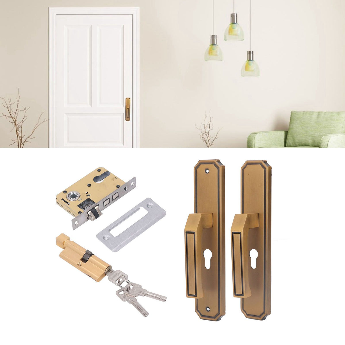 Front Exterior Door Handle Lockset Aluminum Alloy Silent Home Door Handle Lock with Keys for Bedroom Hotel Balcony