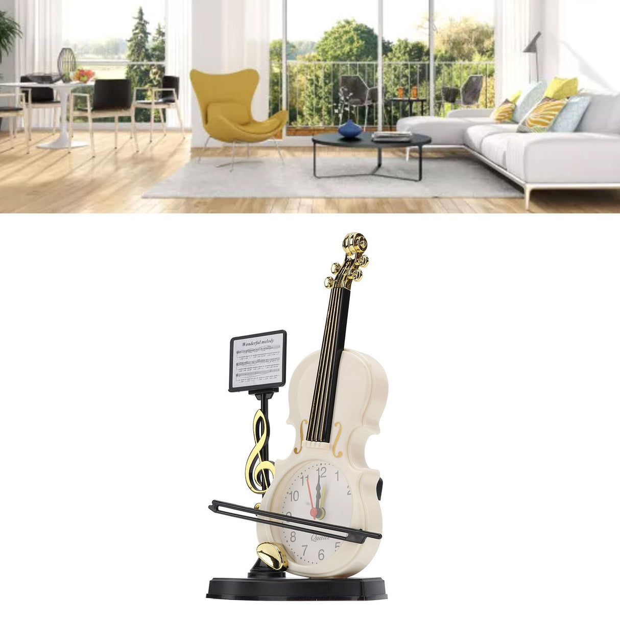 Violin Alarm Clock Unique Appearance Innovative Alarm Clock for Home Living Room Desktop Decoration Gifts 2165B(height 21CM)