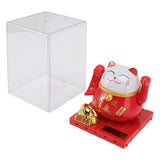Solar Powered Waving Red Fat Cat Good Luck Wealth Welcoming Lucky Fortune Cat Home Room Office Desktop Decoration Large Size - Front View