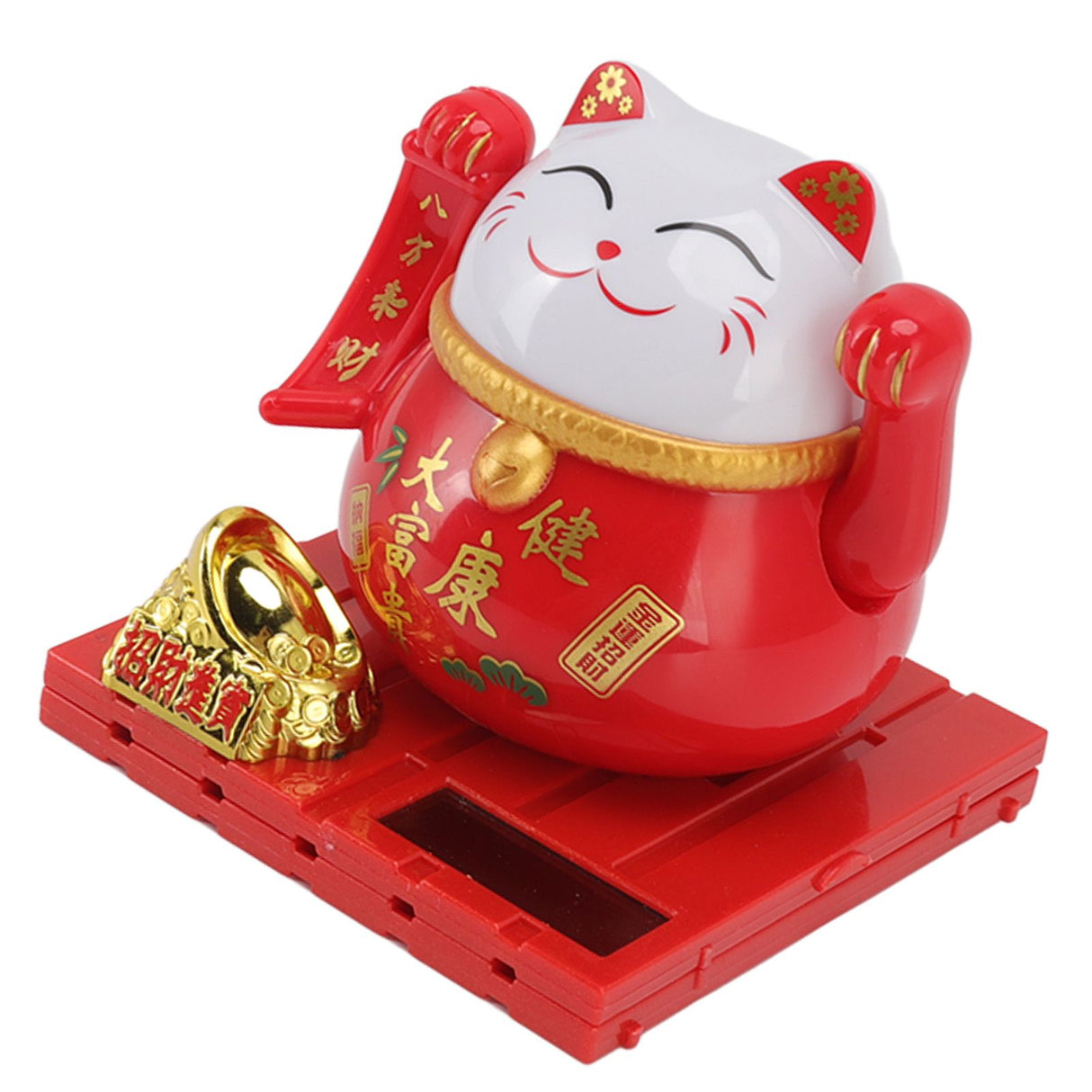 Solar Powered Waving Red Fat Cat Good Luck Wealth Welcoming Lucky Fortune Cat Home Room Office Desktop Decoration Large Size