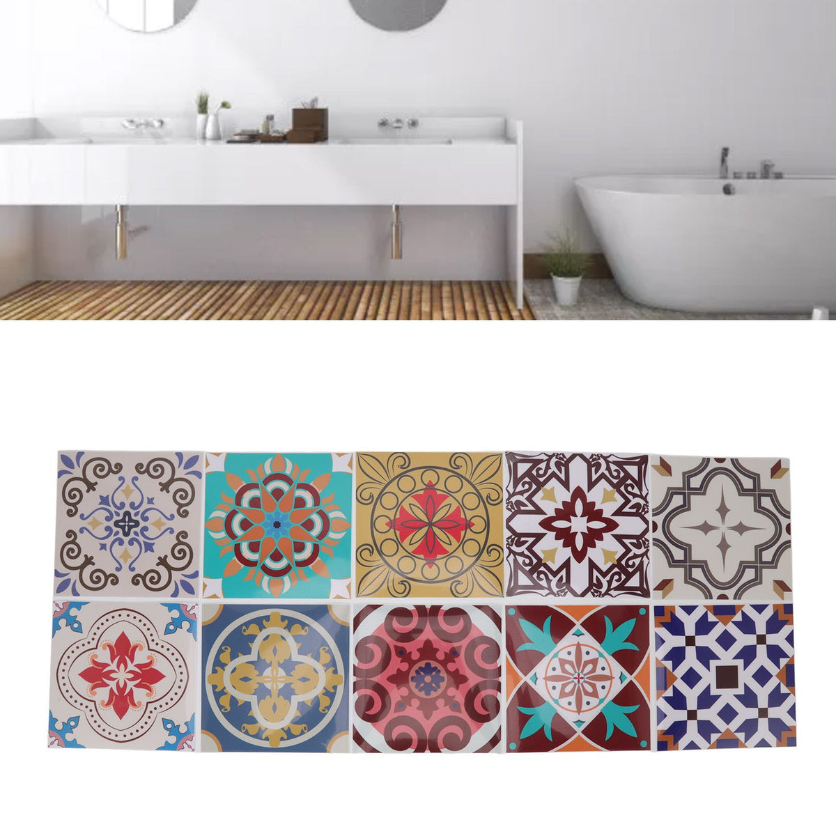 10Pcs Tile Sticker 5.9x5.9in Waterproof Anti Oil Moroccan Style Thick PVC Peel and Stick Tile for Wall Stairs Kitchen