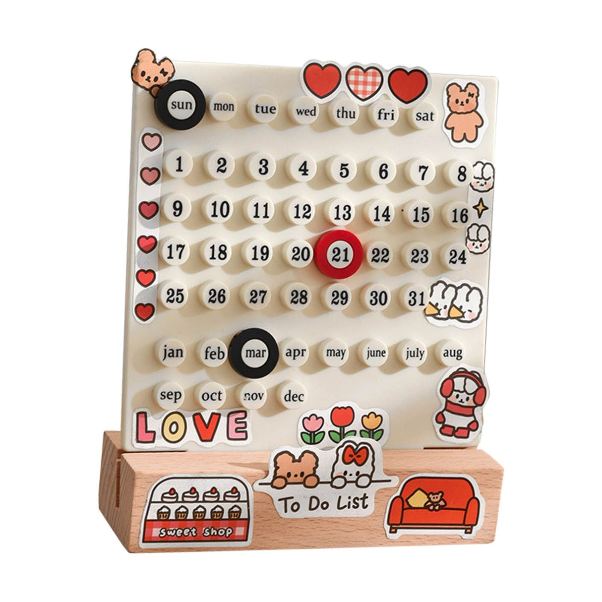 Desk Date Planner Integrated Molding Ring Table Calendar Ornaments for DIY Home Stationer Decoration Birch and ABS White