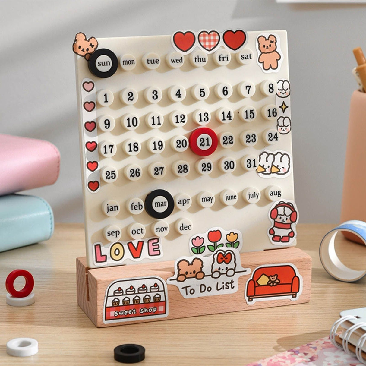 Desk Date Planner Integrated Molding Ring Table Calendar Ornaments for DIY Home Stationer Decoration Birch and ABS White