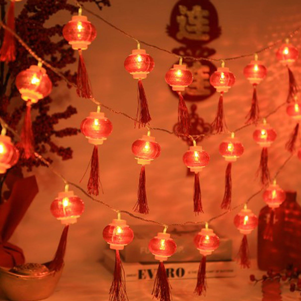 Red Chinese Lantern String Lights LED Light Beads Waterproof New Year Lantern with PVC Shell for Courtyards With Tassel 3meters/9.8ft 20 Lights