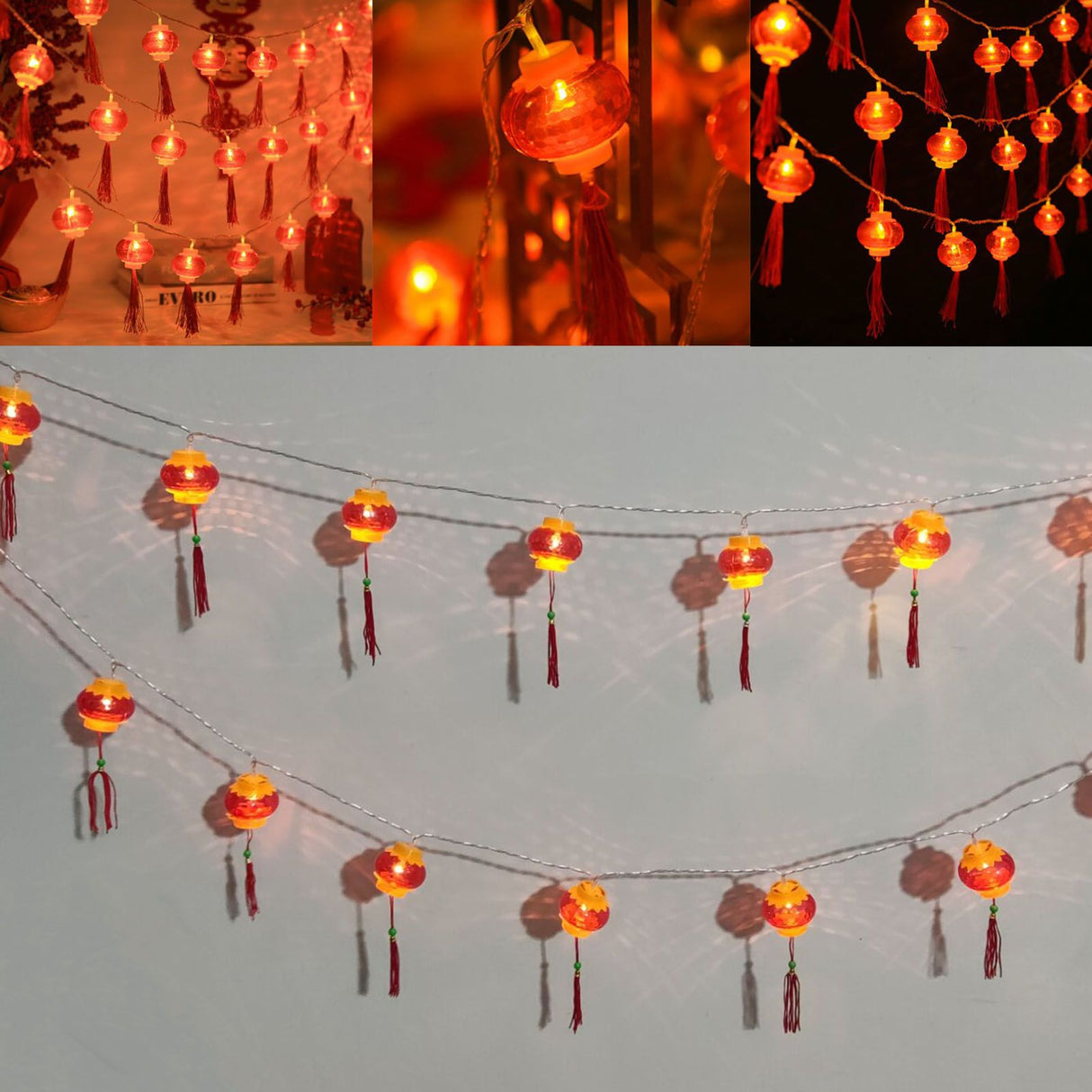 Red Chinese Lantern String Lights LED Light Beads Waterproof New Year Lantern with PVC Shell for Courtyards With Tassel 3meters/9.8ft 20 Lights